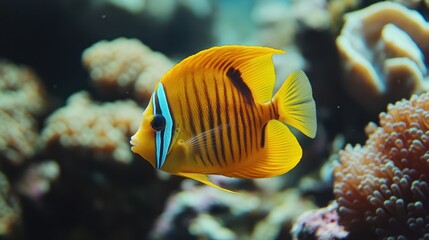 Yellow fish swims in aquarium, coral reef background, underwater scene