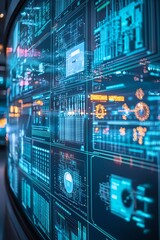 Obraz premium Close-up of Digital twin system visualization showing real-time data flow between physical factory machinery and its virtual replica