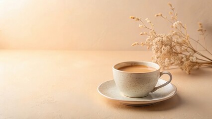 Obraz premium Aromatic Coffee in a Speckled Mug with Dried Flowers on a Neutral Background
