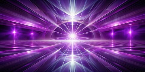 Obraz premium Abstract Purple Rays Converge on a Reflective Surface, Creating a Futuristic and Energetic Composition with Glowing Lights and Sleek Lines