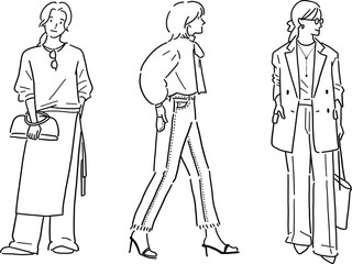 女性ファッション春服全身手描きイラスト