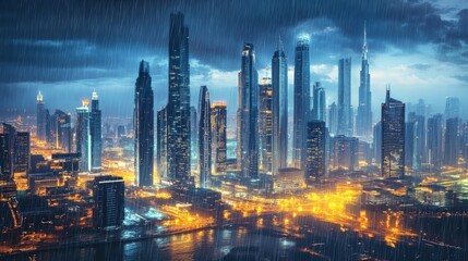 Fototapeta premium Vibrant Cityscape Under Rainy Night Sky with Skyscrapers and Lights