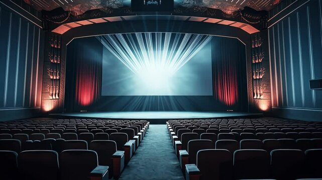 Cinema theater with movie scene on wide screen and empty chairs in the cinema hal