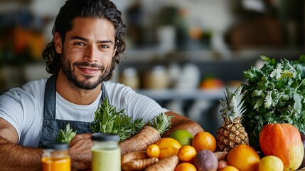 Fototapeta premium Young Man Smiling with Fresh Produce in a Vibrant Kitchen Setting