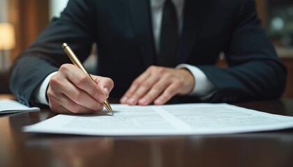 Man in suit signs document with golden pen at desk. Paperwork. Business agreements validations, contract confirmation, warranty certificates. Successful deal. Paper signing. Close-up shot.