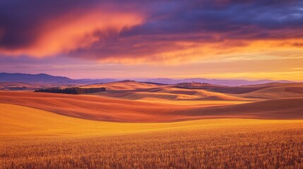 Obraz premium Serene Sunset Over Golden Hills and Fields Under Dramatic Clouds