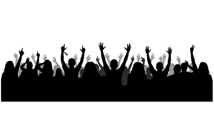 Excited Crowd Silhouettes with Raised Hands - Dynamic Black Vector Illustration on White Background, Ideal for Event and Celebration Graphics.