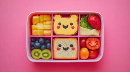 Pink bento box, kids' lunch, fruit, bread, pink background