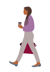 Modern business woman walking in smart casual outfit side view. Pretty young girl holding take away coffee cup and laptop bag. Vector realistic illustration isolated on transparent background.