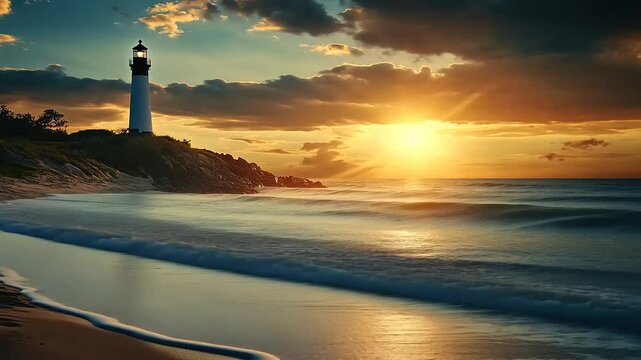 Sunset over lighthouse with waves at the shore