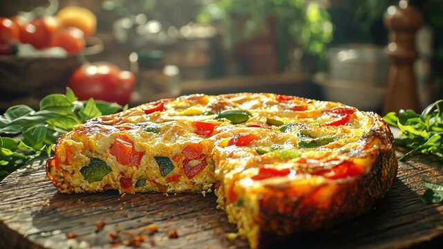 A vibrant vegetable frittata displayed on a rustic wooden board.