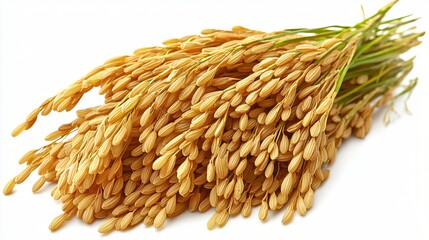Rice stalks harvest close-up, white background, food