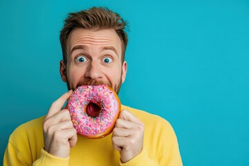 A man taking a playful bite of a colorful donut, his expression full of enjoyment, with a cheerful blue background.