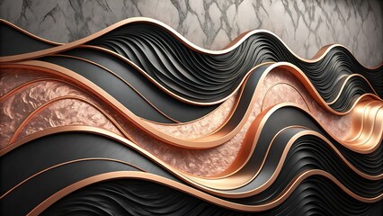 Glossy Black and Rose Gold Abstract Waves with Soft Metallic Reflections sleek and modern composition featuring fluid, undulating waves of glossy black, seamlessly intertwined with rich rose gold 
