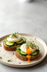 Healthy breakfast toast with poached egg, cucumber, microgreens. Tasty bruschetta with yolk, slice of bread on plate. Vegetarian snack, food for diet, healthy eating on white background.