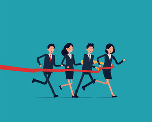 Leadership. Business people run race crossing finish line ribbon