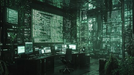 Overgrown Digital Command Center Enveloped In Code