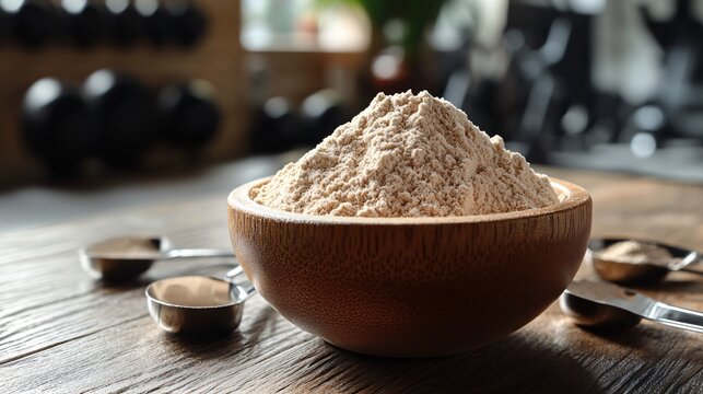 Bowl of Flour with Measuring Spoons on Wooden Kitchen Counter