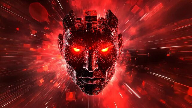 Evil AI hive mind with red rays and seamless morphing effects showcases a digital nightmare experience, Evil AI hive mind red rays morphing 3d seamless