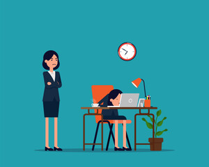 Tired. Boss watching of sleeping at work employee.