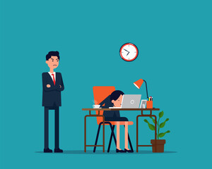 Tired. Boss watching of sleeping at work employee.