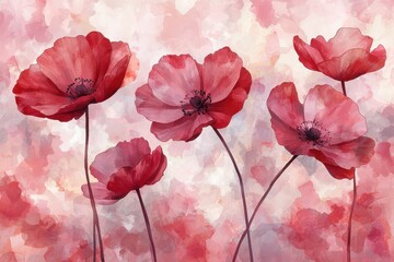 Elegant Red Poppies with Soft Pink Background in Watercolor Style