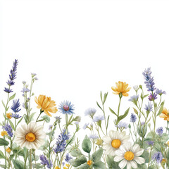 Fototapeta premium Wildflower Meadow Border with Delicate Botanical Elements on White Background