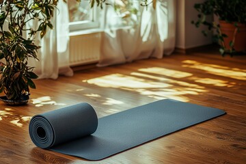 Serene Indoor Yoga Space with Rolled Mat and Natural Light for Mindfulness and Wellness Practice