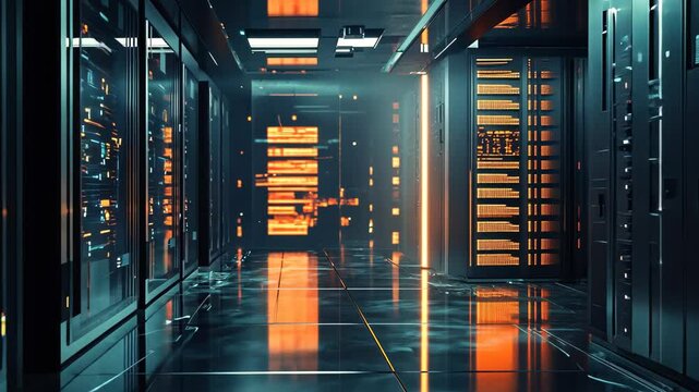 Futuristic data center with illuminated pathways and advanced server technology at twilight, Futuristic Data Center