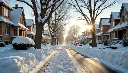 Obraz premium Snowy street at sunset with bare trees