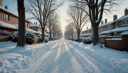 Snowy suburban street with houses and trees