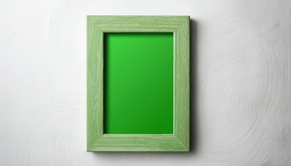 Vintage Vertical Frame Showcasing Striking Green Rectangle Amidst Textured White Wall Backdrop, Modern Artistic Flat Lay with Timeless Charm