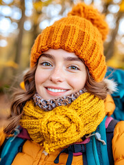 Happy hiker smiling, autumn woods, backpack