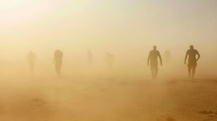 Fototapeta premium Shadows of Figures Walking Through Dusty Desert Landscape