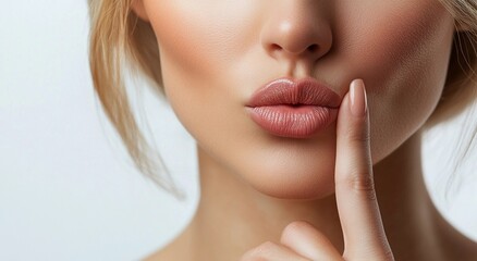 Obraz premium Close-up of a woman's lips with a sensual expression, as she places a finger to them in a 