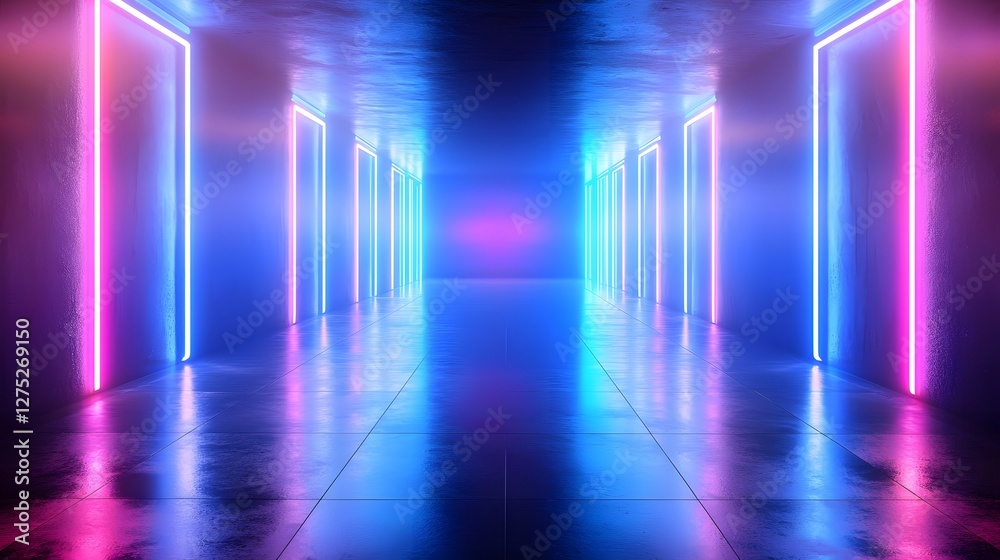 Poster dramatic and atmospheric neon light corridor with glowing portal illuminated in deep blue and cyan h