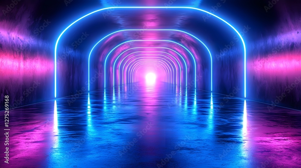 Poster Captivating Neon Light Tunnel with Smooth Reflective Surfaces and a Dramatic Glowing Portal at the Center Creating a Futuristic and Immersive Visual Experience