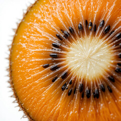 Macro shot of a vibrant kiwi, showcasing exquisite texture, crisp detail, and freshness against a pure white backdrop