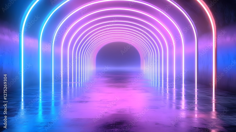 Poster Illuminated Futuristic Portal in Glowing Neon Geometric Environment  Surreal sci fi inspired digital artwork with converging radiant lines abstract patterns and a central luminous gateway