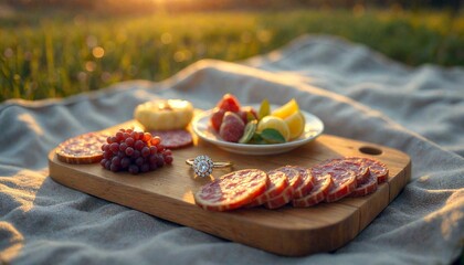 Wooden Serving Board with Food During Sunset