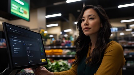 Facial recognition payment, woman at checkout using advanced technology