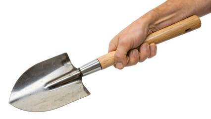 hand holding shovel isolated on white