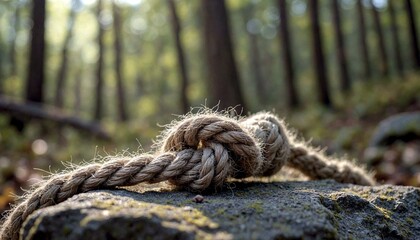 Rope knot on rock in forest