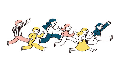 同じ方向に走る人たちのイラスト