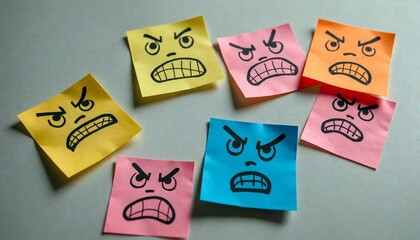 Angry Faces on Colorful Sticky Notes