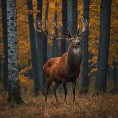 A red deer standing in the middle of an autumn forest.