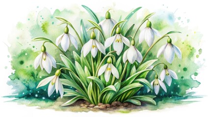 Obraz premium A Delicate Watercolor Painting of a Cluster of Snowdrop Flowers in Full Bloom, Set Against a Soft Green and Teal Background