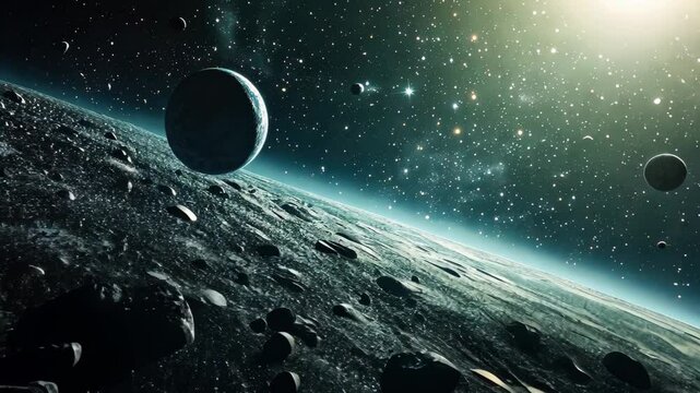 Vibrant asteroid belt with distant planets and a radiant star illuminating the cosmos, Asteroid belt with planets and bright star
