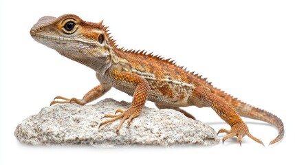 Fototapeta premium Red lizard posing on rock, white background, studio shot, reptile pet