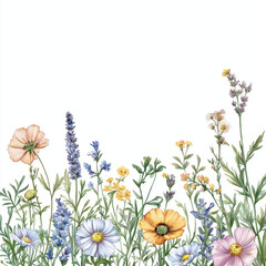 Wildflower Meadow Border with Delicate Botanical Elements on White Background